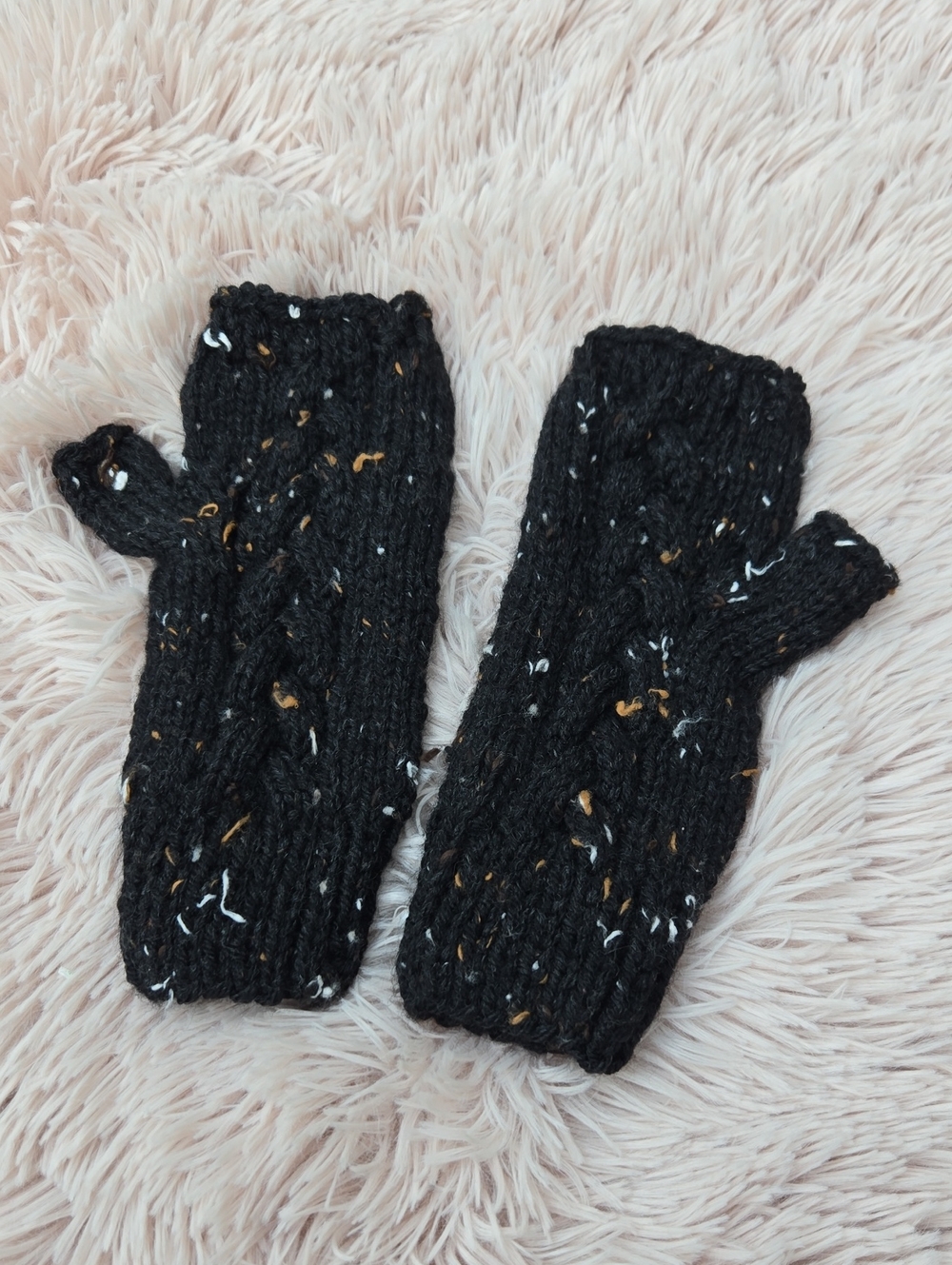 * Handknit Fingerless cabled pattern mittens wrist warmers gloves Black Tweed 9"